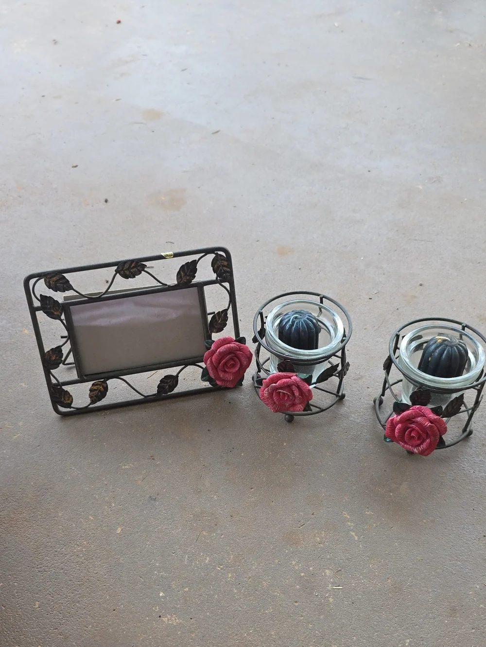 Unbranded Black Metal Floral Photo Frame and Votive Set with Pink Rose Accents